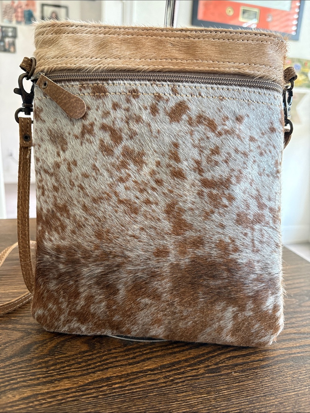 MYRA Cowhide Crossbody Bag in White & Brown - Classic Leather Strap - Picture 3 of 5